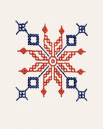 Load image into Gallery viewer, Archival detail study of Kasuti hand embroidery featuring a lotus geometric motif executed through the traditional Murgi and Mente stitch techniques of Karnataka. The composition reveals radial balance, counted thread progression, and finely controlled directional movement, preserving the structural discipline and rhythmic precision characteristic of historic Kasuti embroidery traditions.