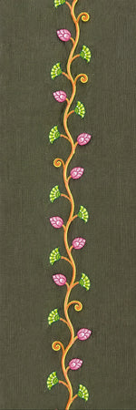 Load image into Gallery viewer, Close-up of hand-painted Odisha Pattachitra floral vine detailing running vertically along the placket of a linen shirt, showing curved stemwork and patterned leaf forms.