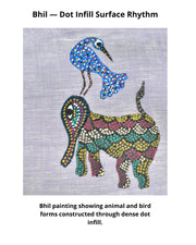 Bhil painting showing animal and bird motifs formed through dense dot infill pattern.