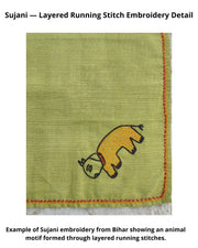 Sujani embroidery from Bihar showing animal motif stitched with layered running stitches.