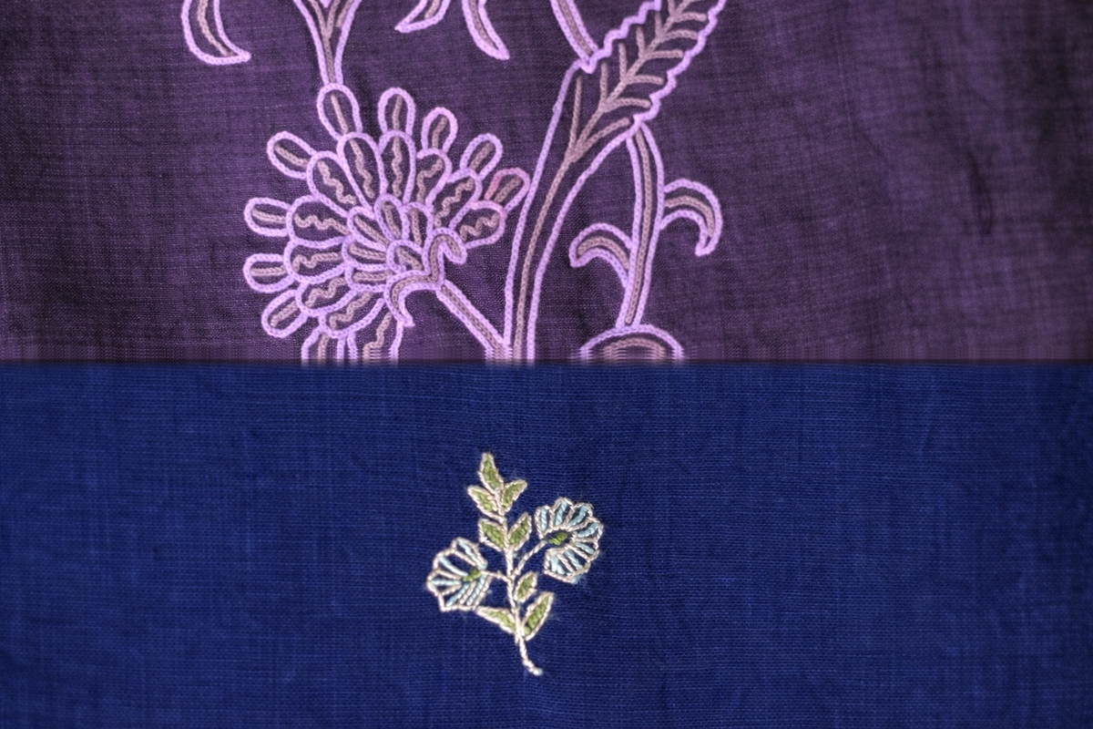 Comparison of Aari and Sozni embroidery on textile, where Aari’s continuous flowing stitch contrasts with Sozni’s fine, precise needlework in Kashmiri embroidery traditions.