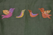 Repeated Gond art bird motifs hand-painted on textile, showing pattern variation and rhythmic composition in traditional Indian tribal art
