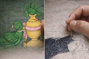 Hand painting and hand embroidery processes shown side by side, illustrating pigment and thread techniques in handmade Indian textiles.