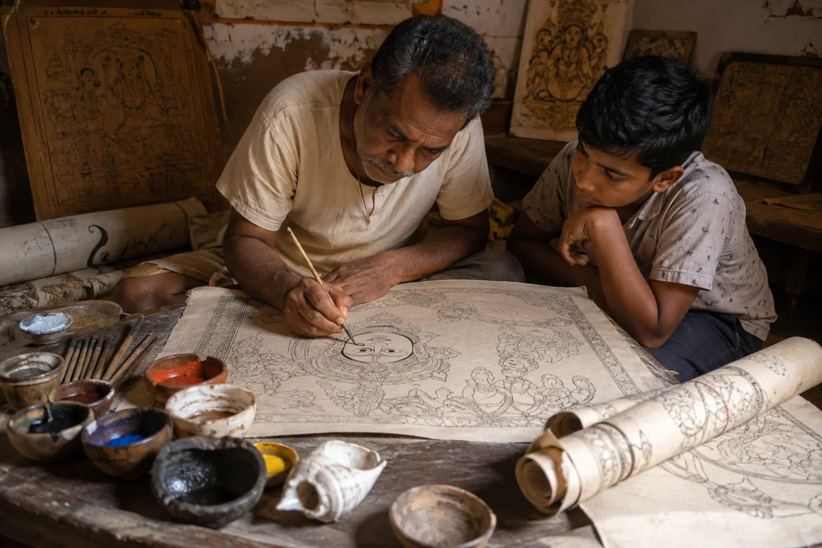 Traditional Pattachitra apprenticeship in Raghurajpur, Odisha, showing a senior Chitrakar teaching a young apprentice through an unfinished Pattachitra painting, natural pigments, brushes, and a working artisan studio.