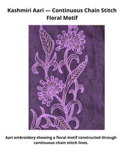 This Kashmiri Aari embroidery shows a floral motif formed through continuous chain stitch lines executed with a hooked needle.