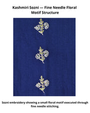 This Kashmiri Sozni embroidery shows a small floral motif formed through fine needle stitches placed with precise spacing on the fabric surface.