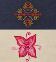 Kasuti and Sujani embroidery comparison showing a counted-thread Kasuti motif from Karnataka alongside a narrative floral Sujani motif from Bihar.