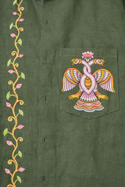 Odisha Pattachitra hand-painted textile featuring Gandaberunda bird motif and ornamental vine border in traditional Indian art style