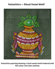 This Pattachitra painting from Odisha shows a ritual vessel motif rendered with flat colour and clean outlines.