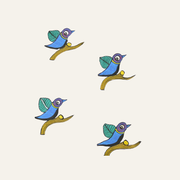 Hand-painted birds on linen placed with visible spacing, showing distance and interval as active elements within traditional textile composition.