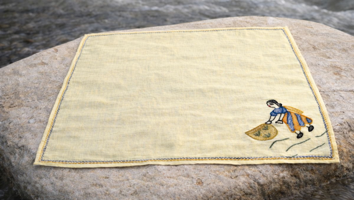 Sujani embroidery on textile showing narrative motifs formed through layered running stitch in Indian textile tradition.
