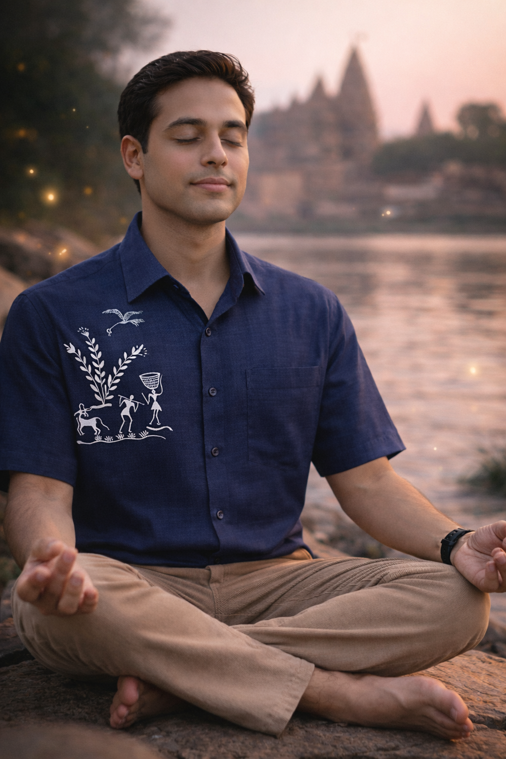 Hand-painted Warli motif on navy linen shirt worn by a man in meditation by a riverside, with figures and lines forming a continuous narrative across the surface.