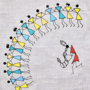 Hand-painted Warli motif on linen showing repeated geometric figures and relational structure within traditional Indian art.