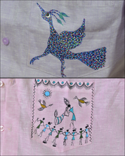 Comparison of Warli and Bhil art on textile, showing minimal line-based figures alongside dense dot-built motifs in hand-painted Indian textile work
