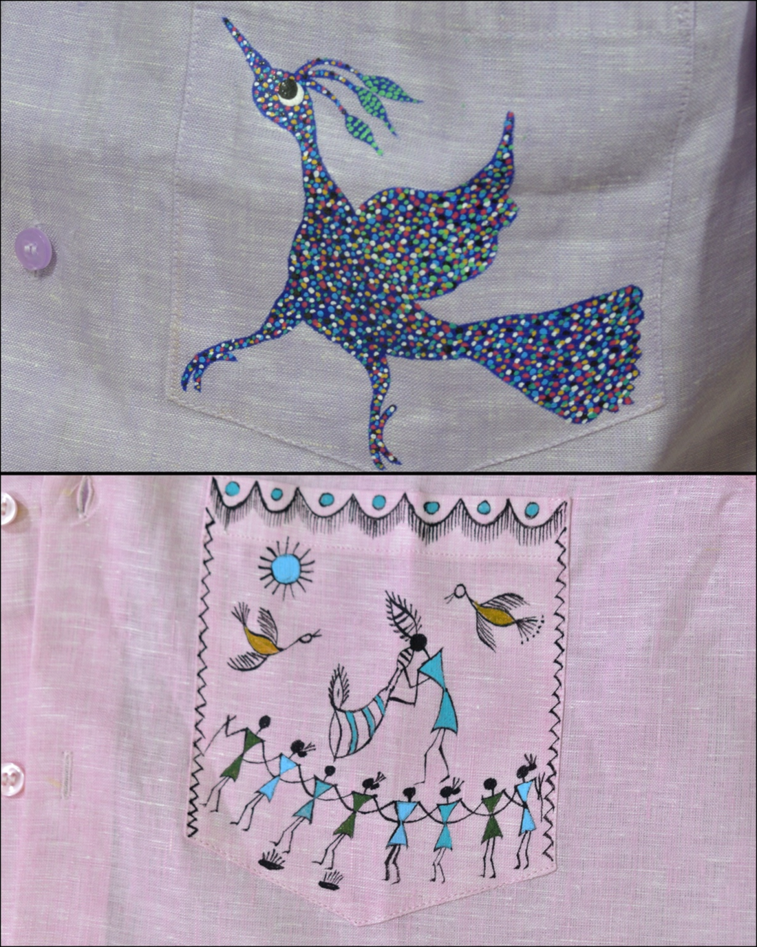 Comparison of Warli and Bhil art on textile, showing minimal line-based figures alongside dense dot-built motifs in hand-painted Indian textile work