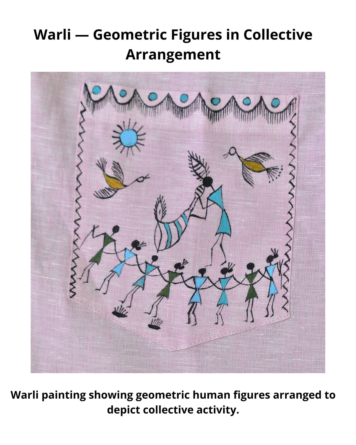 This Warli painting shows geometric human figures arranged together to depict collective activity.