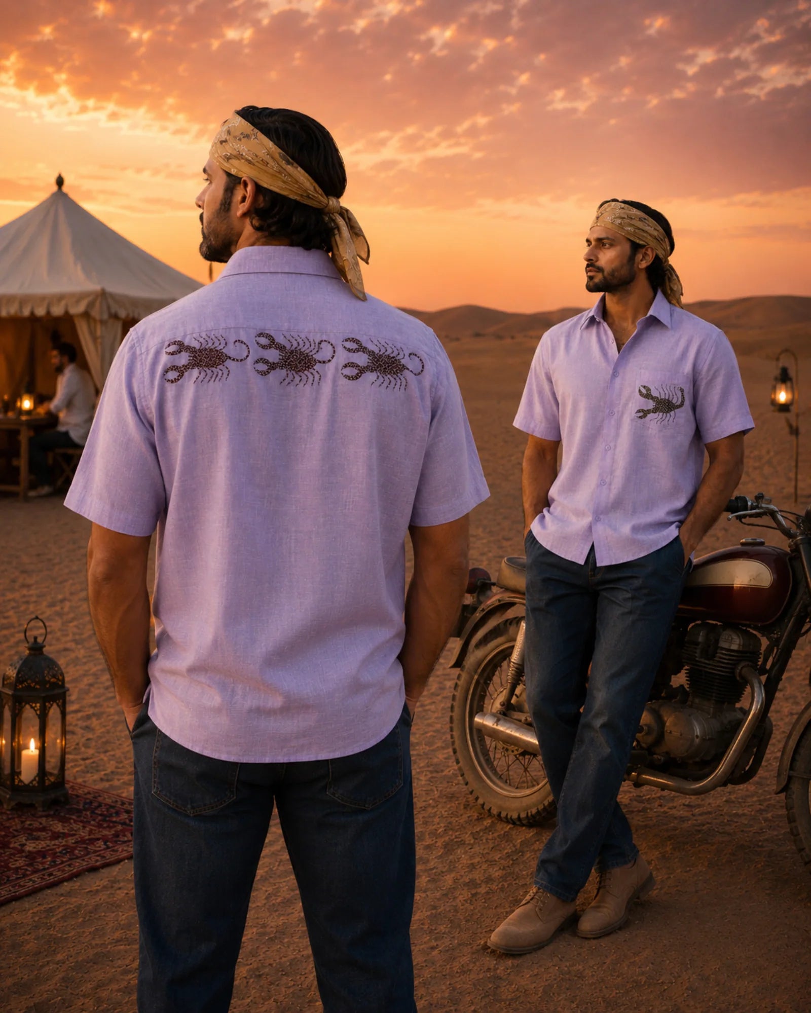 Bhil hand-painted linen shirt featuring a scorpion artwork on the chest pocket and three scorpion artworks spanning the back shoulder yoke, photographed in a desert camp setting at dusk with coordinated front and back views presented together.