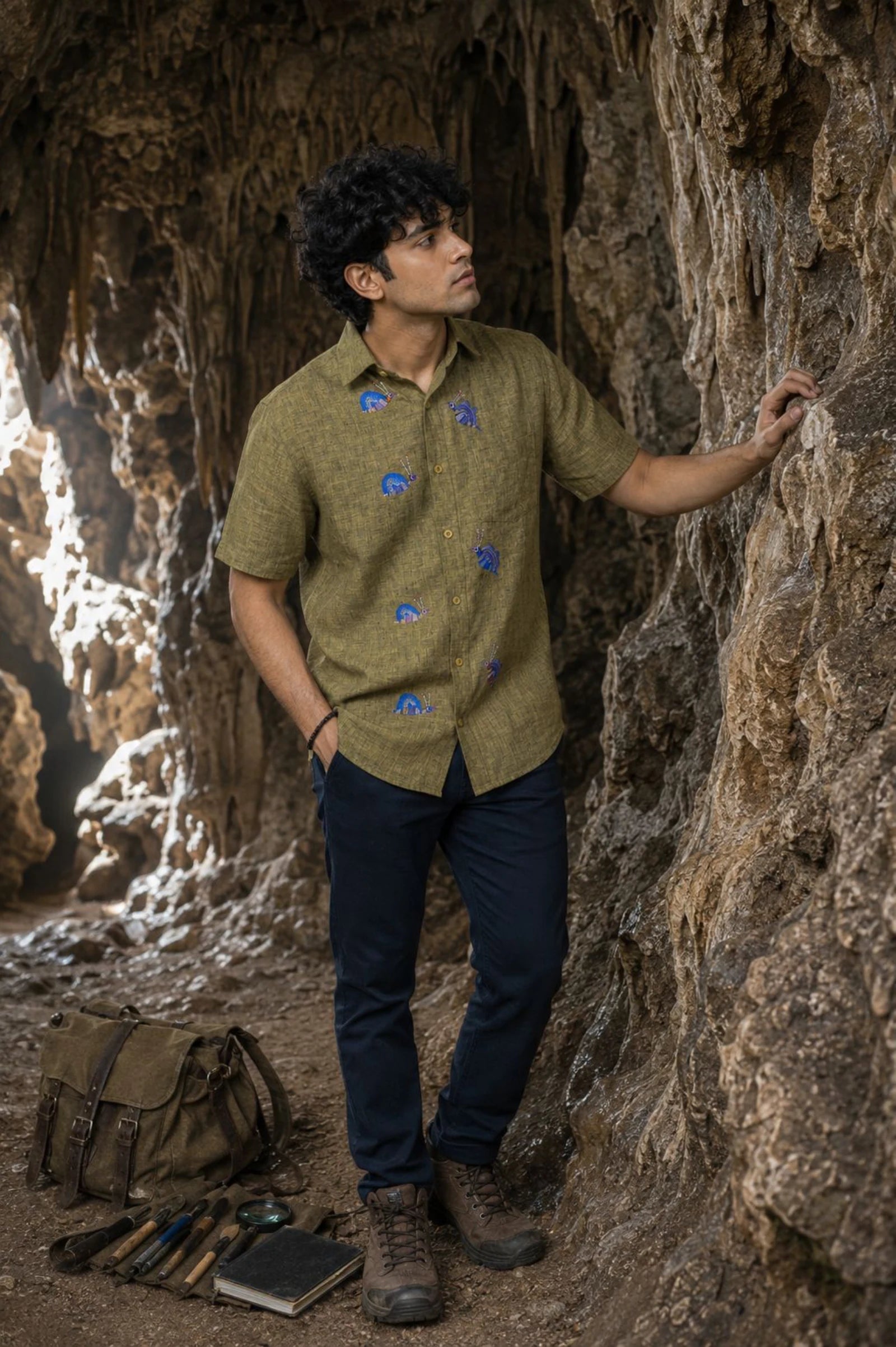 Bhil Snail-ed It hand-painted linen shirt featuring seven hand-painted snail artwork across the front, photographed during cave exploration among limestone formations in natural light.