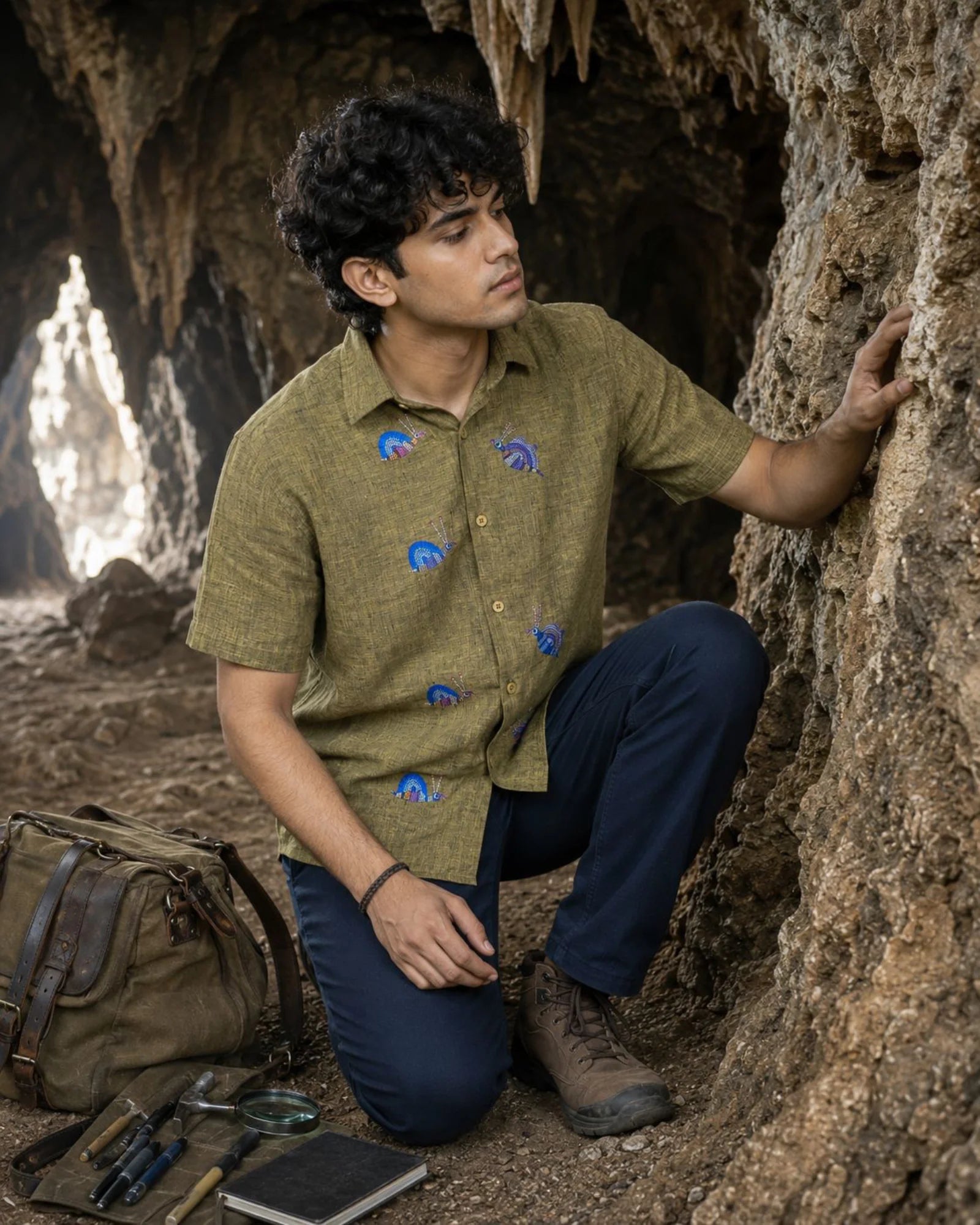 Bhil Snail-ed It hand-painted linen shirt featuring seven hand-painted snail artwork across the front, photographed inside a limestone cave while examining natural rock formations.