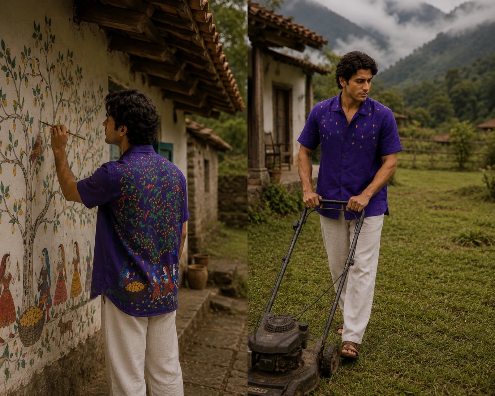 Bhil hand-painted linen shirt featuring scattered botanical motifs across the front and a large Mahua tree composition across the back with male and female figures alongside a child gathering fallen Mahua blossoms beneath branching forms, accompanied by grazing deer and birds among fruit-bearing branches, photographed in a quiet rural village setting while painting mural motifs on a traditional house wall and maintaining the surrounding farm landscape.