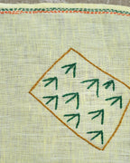 Close-up of artwork depicting a cultivated field with embroidered crop rows on a Bihar Sujani linen handkerchief.