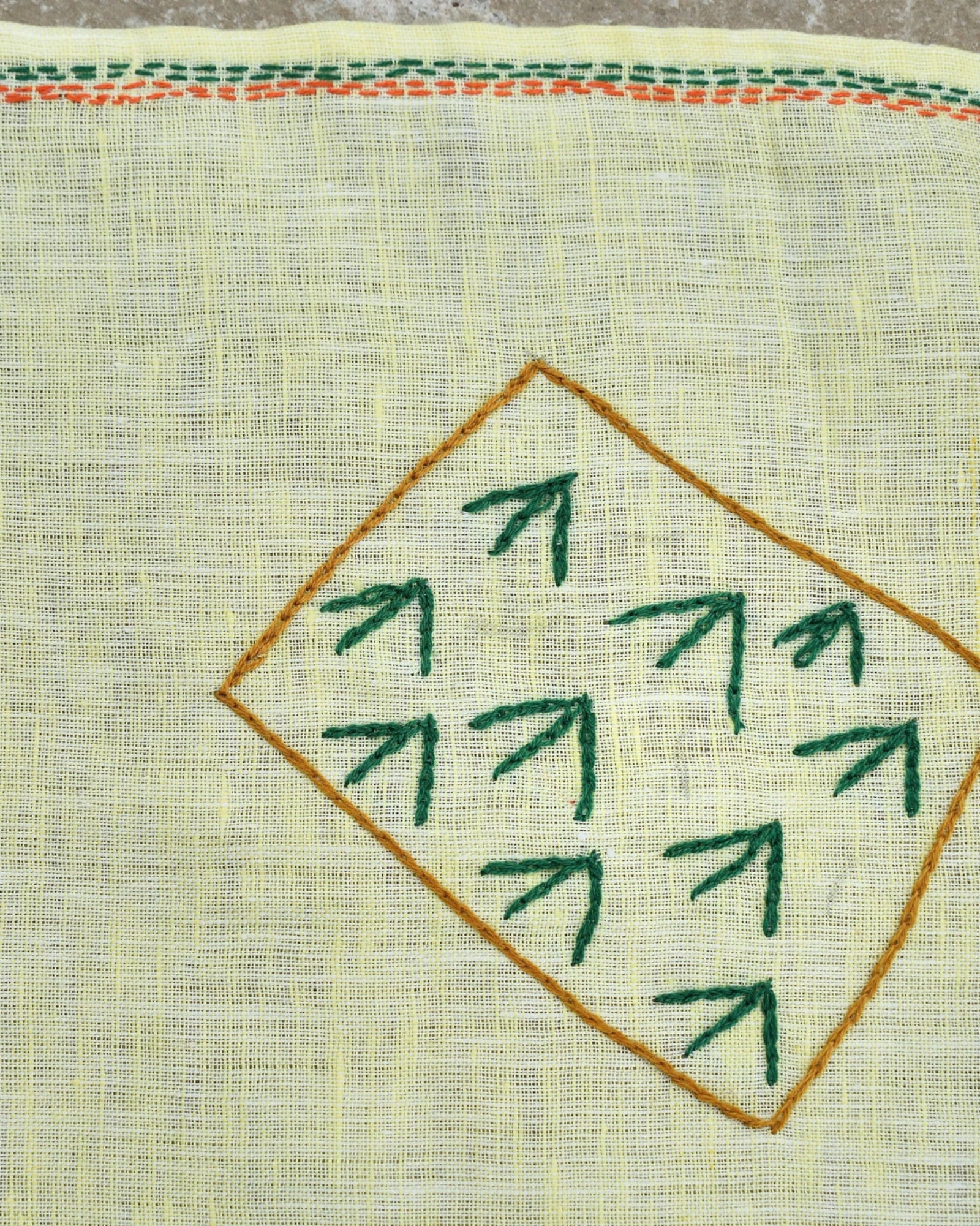 Close-up of artwork depicting a cultivated field with embroidered crop rows on a Bihar Sujani linen handkerchief.
