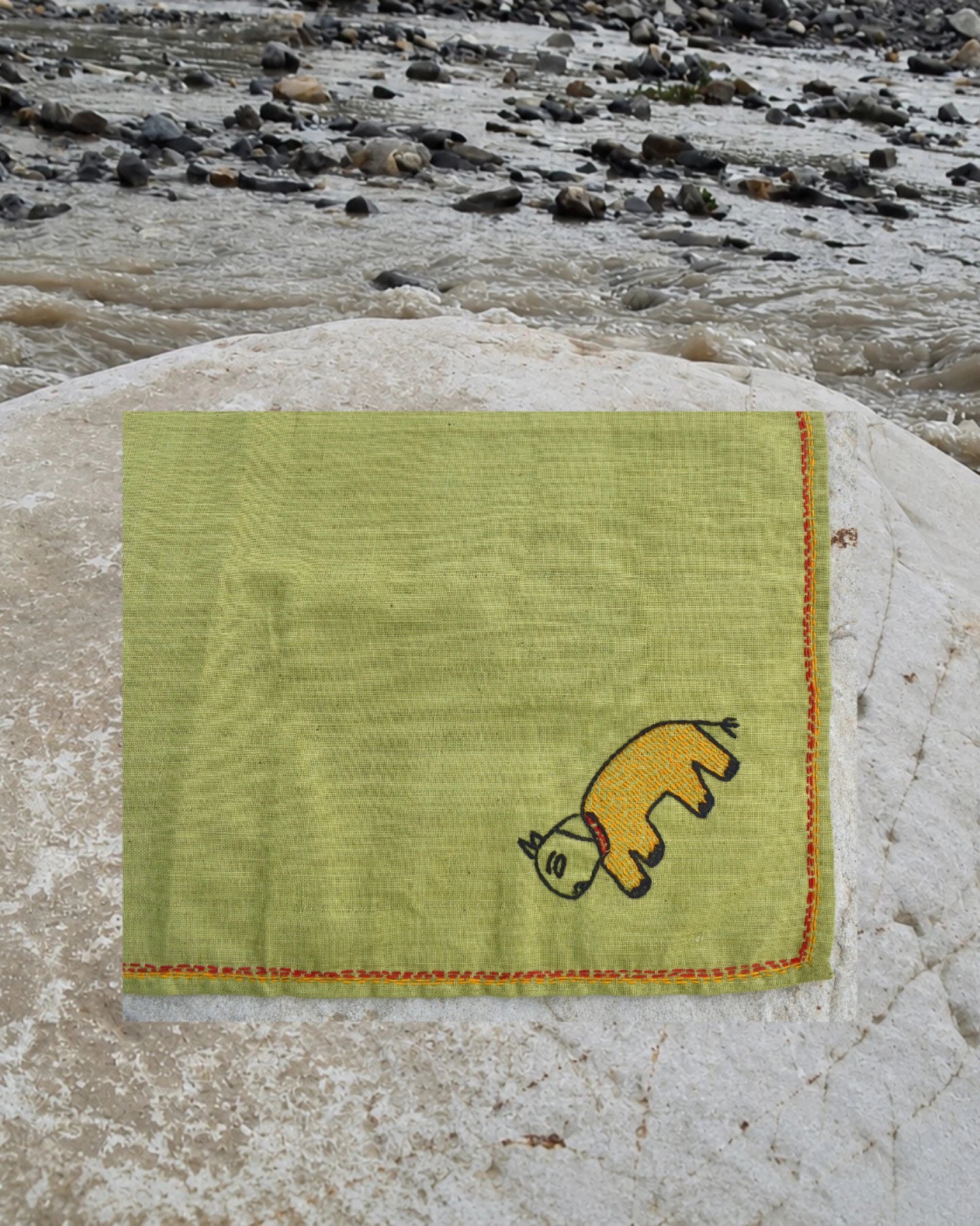 Close-up of the pet animal artwork on a Bihar Sujani hand-embroidered khadi handkerchief.