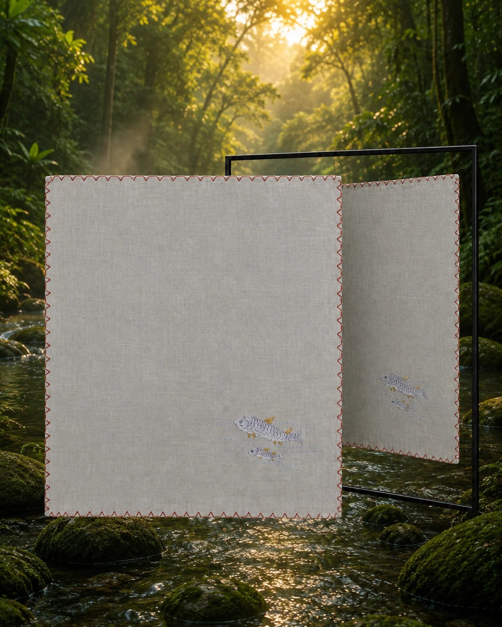 Chamba Rumal from the Jungle Collection crafted in handwoven khadi cotton, featuring a hand embroidered fish and fry scene in the lower-left corner, hand hemmed and displayed before a mirror demonstrating the traditional double-sided do-rukha embroidery technique.