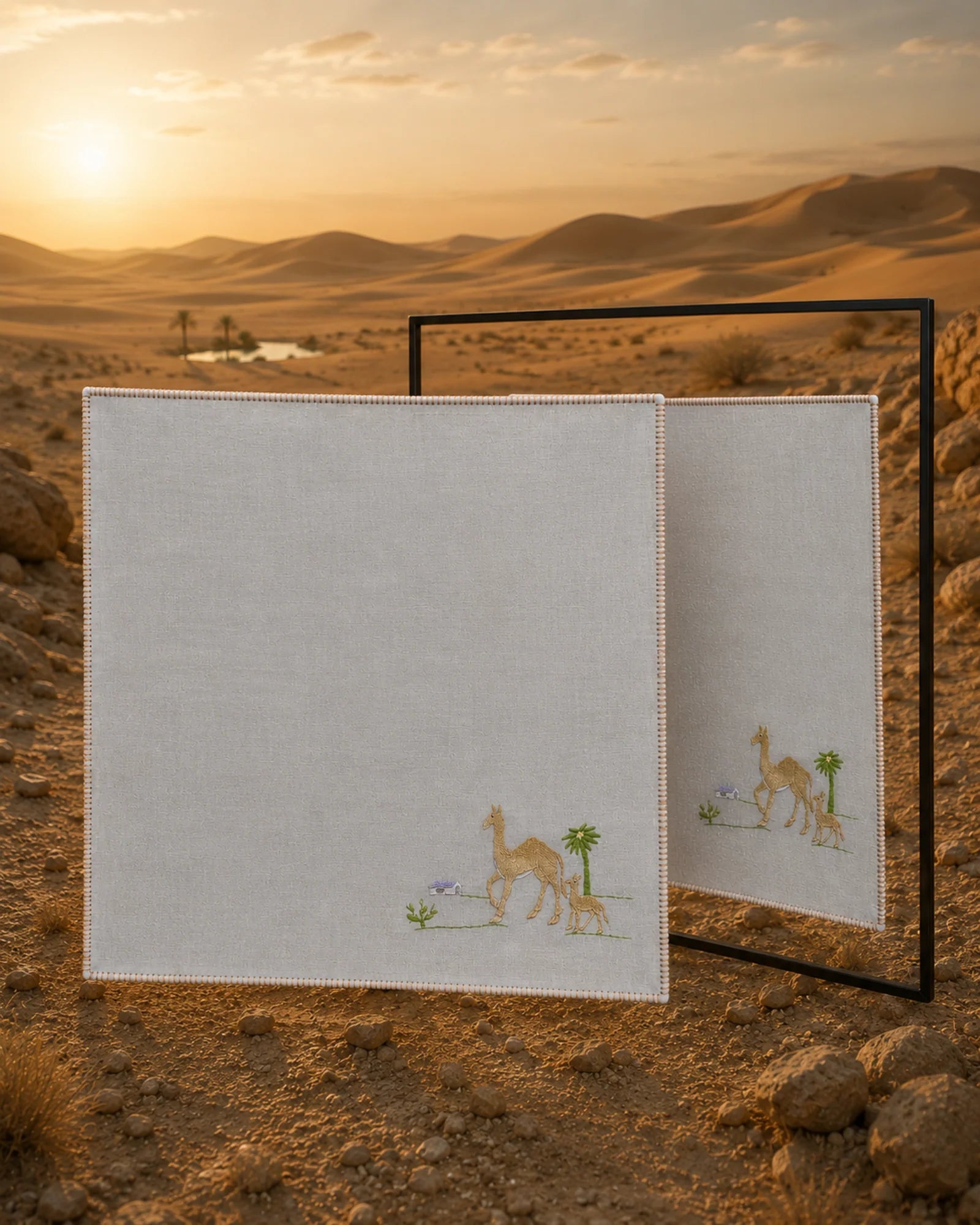 Chamba Rumal – Camel’s Journey crafted in 100% handwoven khadi cotton, featuring a hand embroidered camel and calf beside a desert palm and distant dwelling in the lower-left corner. Hand hemmed and displayed before a mirror revealing identical embroidery on both sides through the traditional do-rukha technique.
