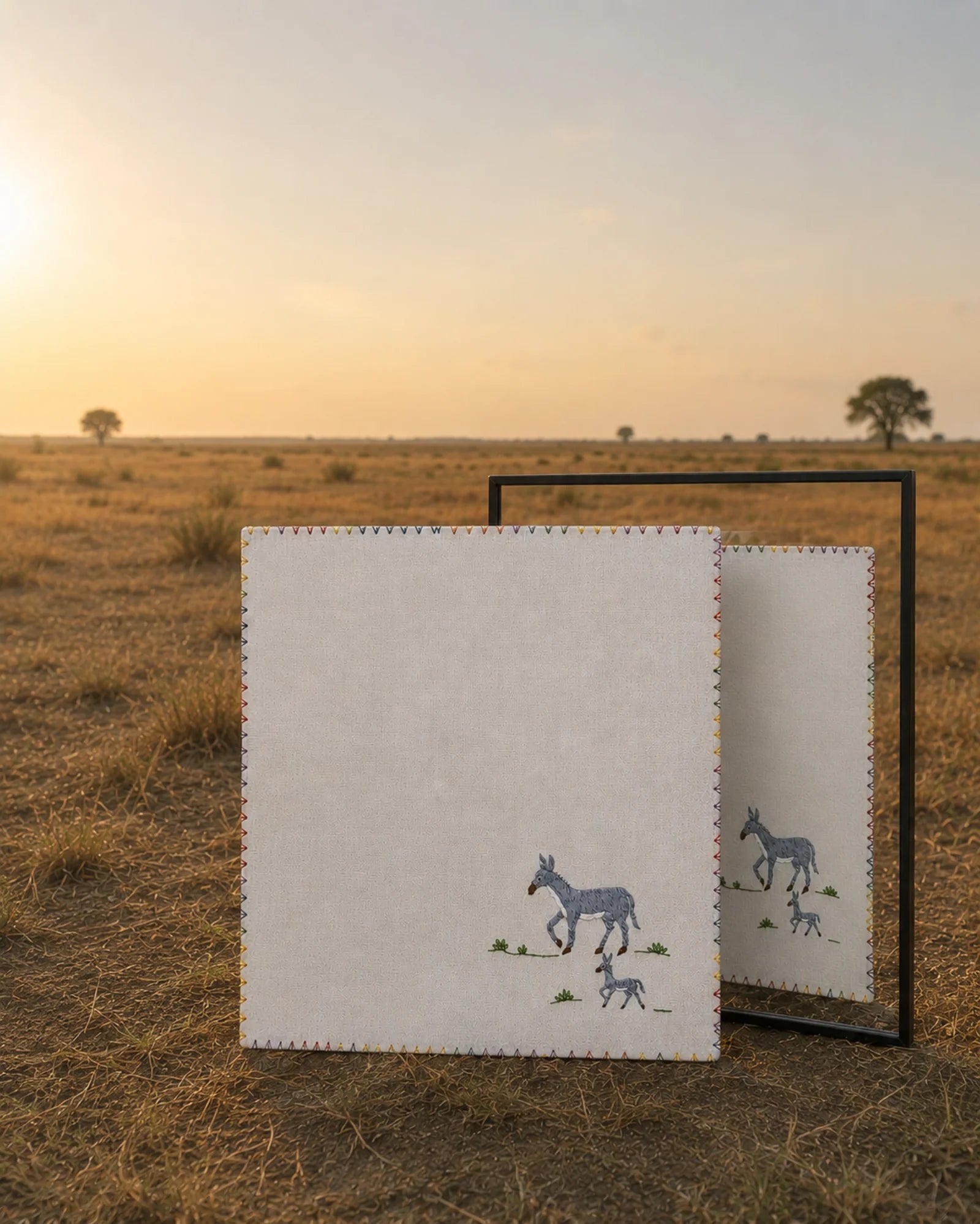 Chamba Rumal – Don’s Key in 100% khadi cotton, depicting a donkey and its young embroidered in the lower-left corner. The hand-finished textile is presented with a mirror to demonstrate the traditional do-rukha embroidery technique and matching craftsmanship on both sides.