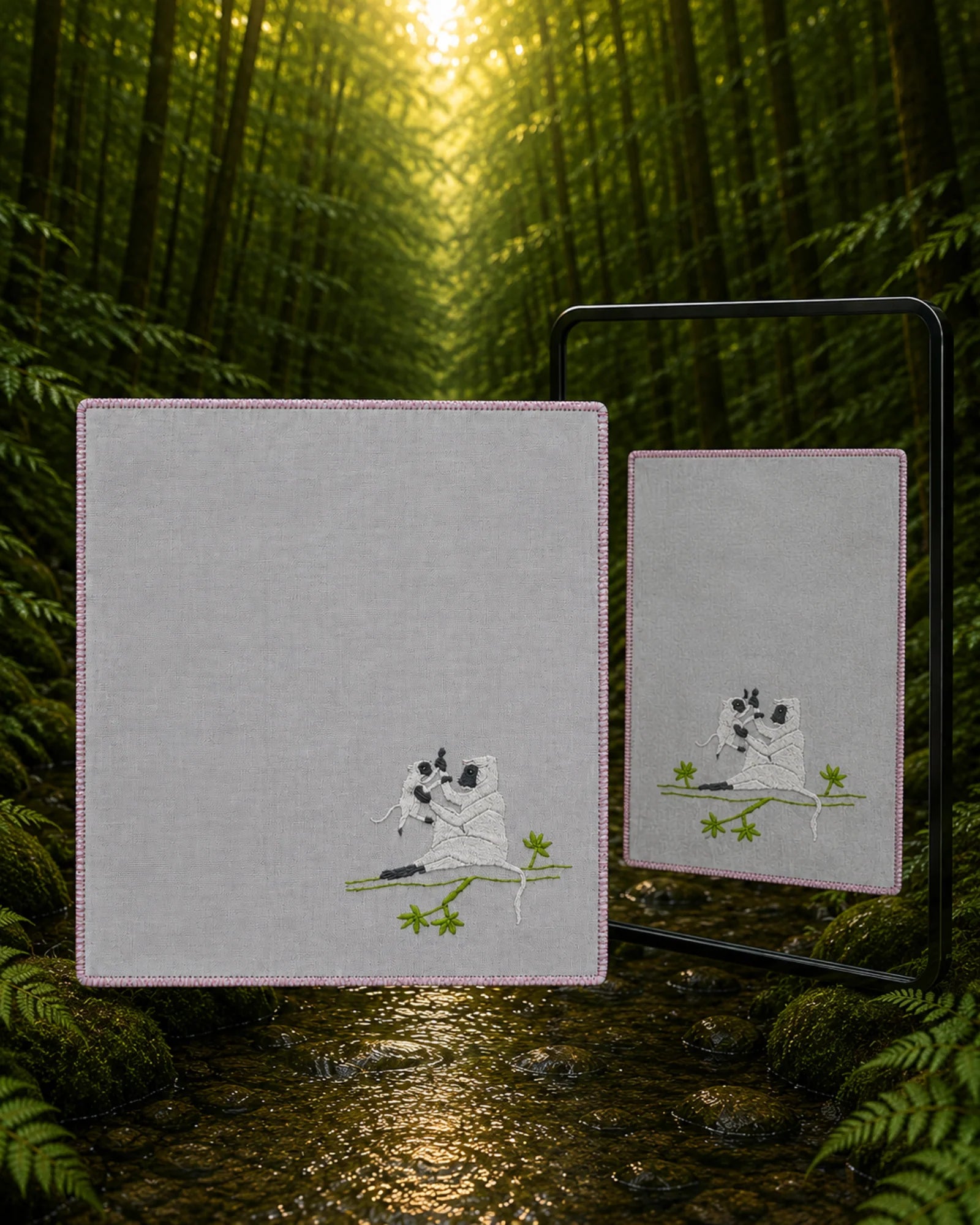 Adult and young monkeys are hand embroidered on this 100% Khadi cotton Chamba Rumal from the Jungle collection, hand hemmed and displayed with a mirror reflecting the same embroidery on both sides.