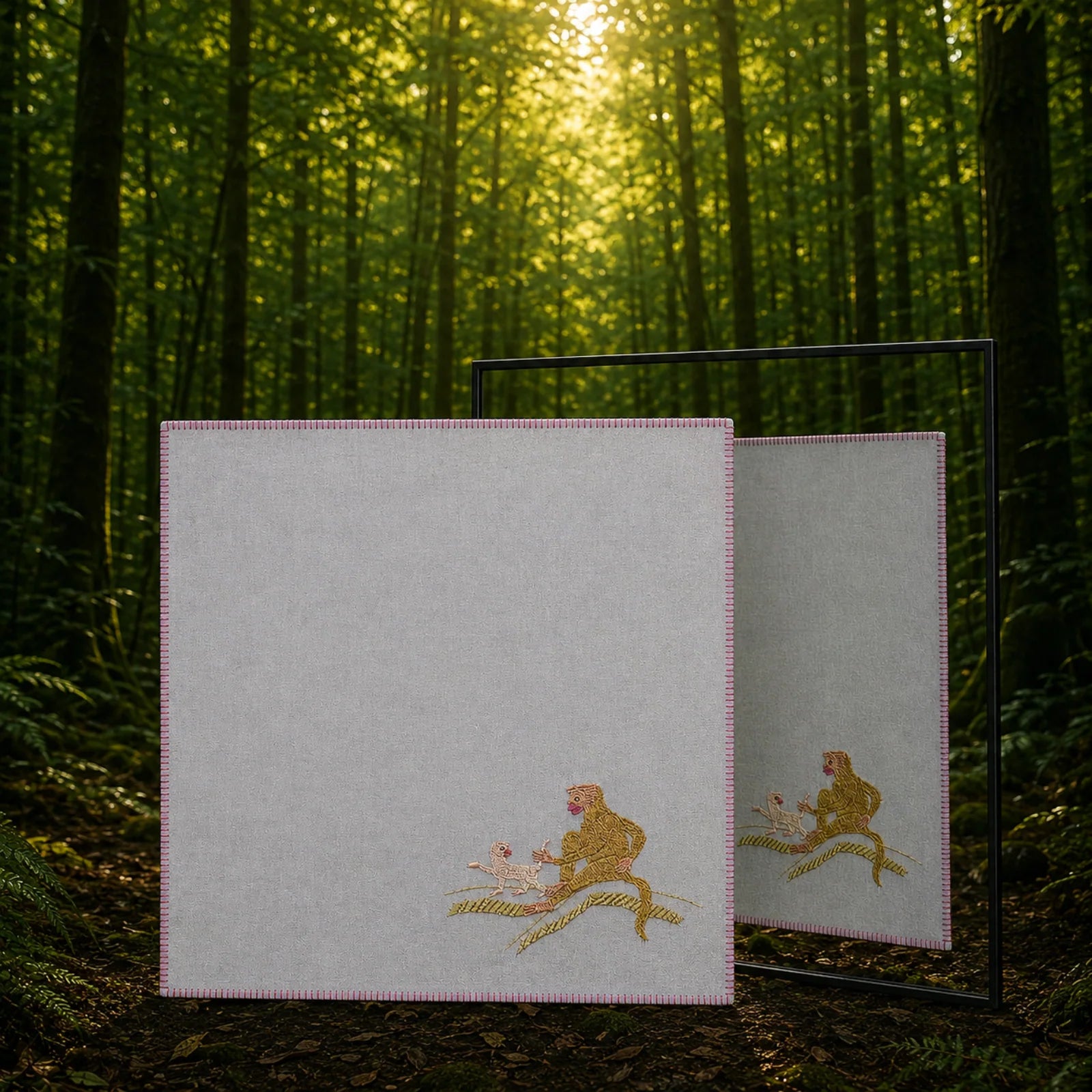 Chamba Rumal in handwoven khadi cotton, featuring a hand-embroidered monkey and young monkey on a tree branch, shown in a dense forest setting with a mirror revealing identical do-rukha embroidery on both sides.