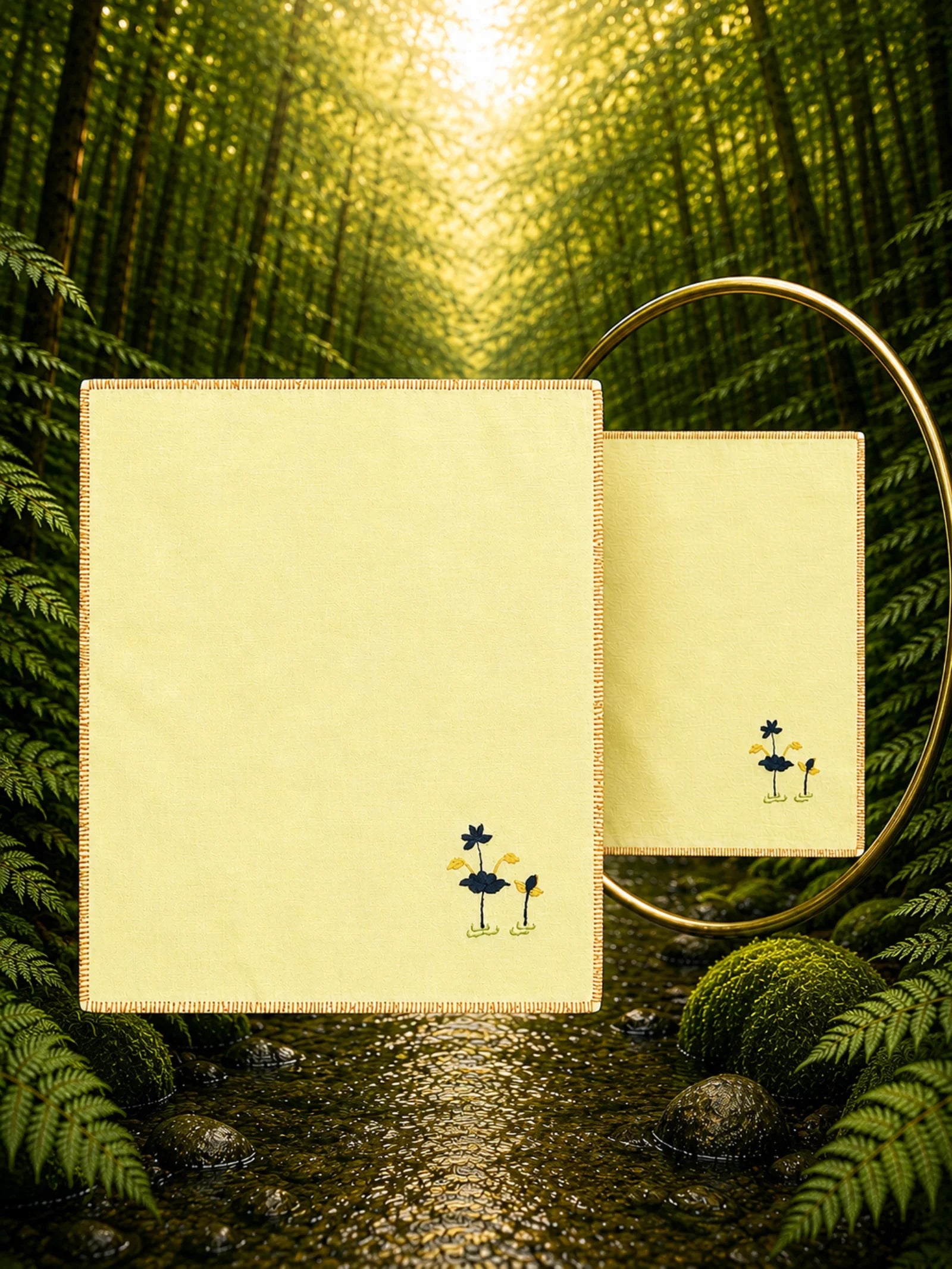 Hand-embroidered Chamba Rumal handkerchief with delicate floral embroidery, displayed above a forest stream beside an antique brass mirror reflecting the reverse embroidery, showcasing the reversible double-sided embroidery tradition.