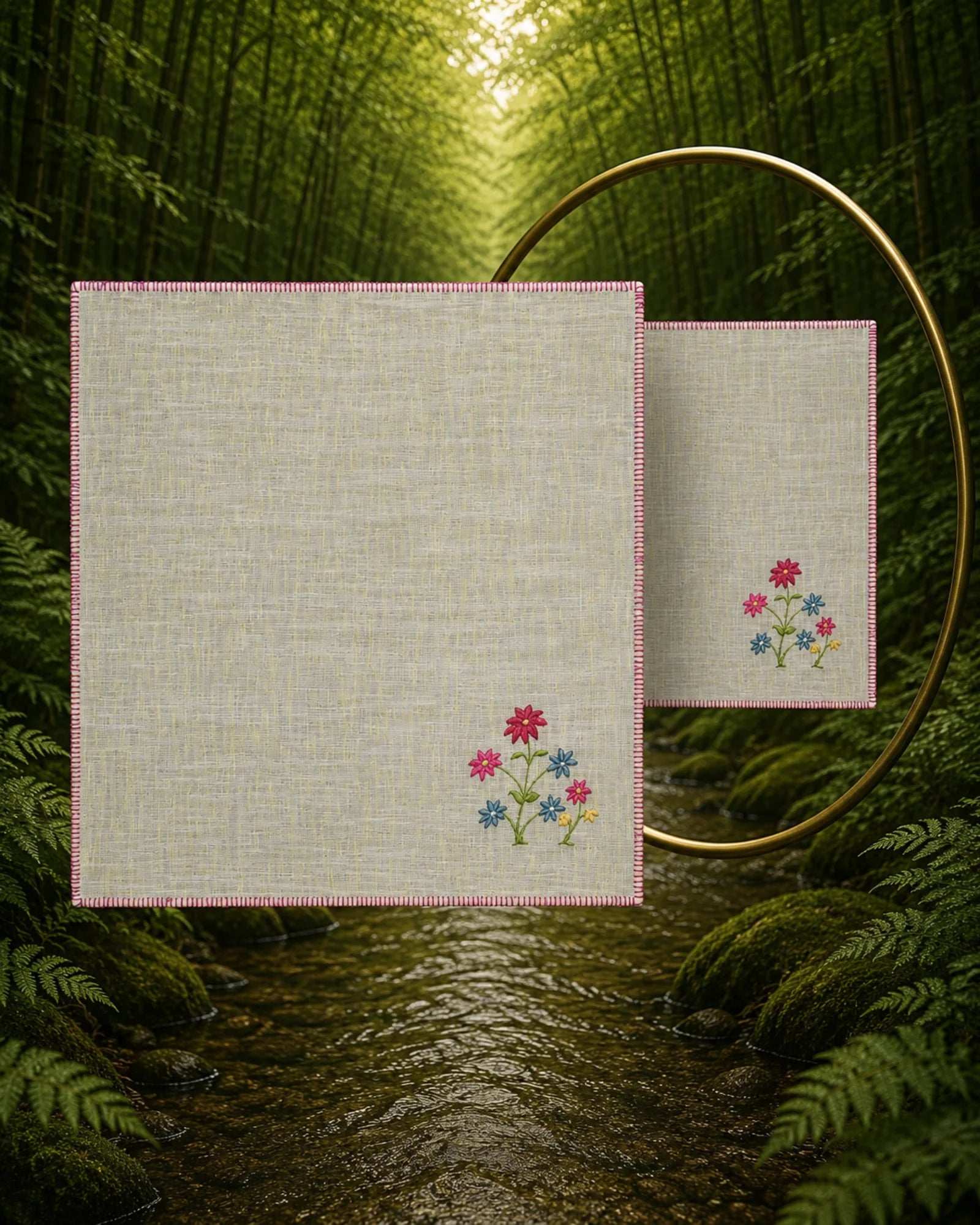 Chamba Rumal from the Pushp Vatika collection crafted in 100% linen, featuring hand embroidered blue and pink flowers with red hand hemming, photographed beside a mirror to display the traditional double-sided do-rukha embroidery.