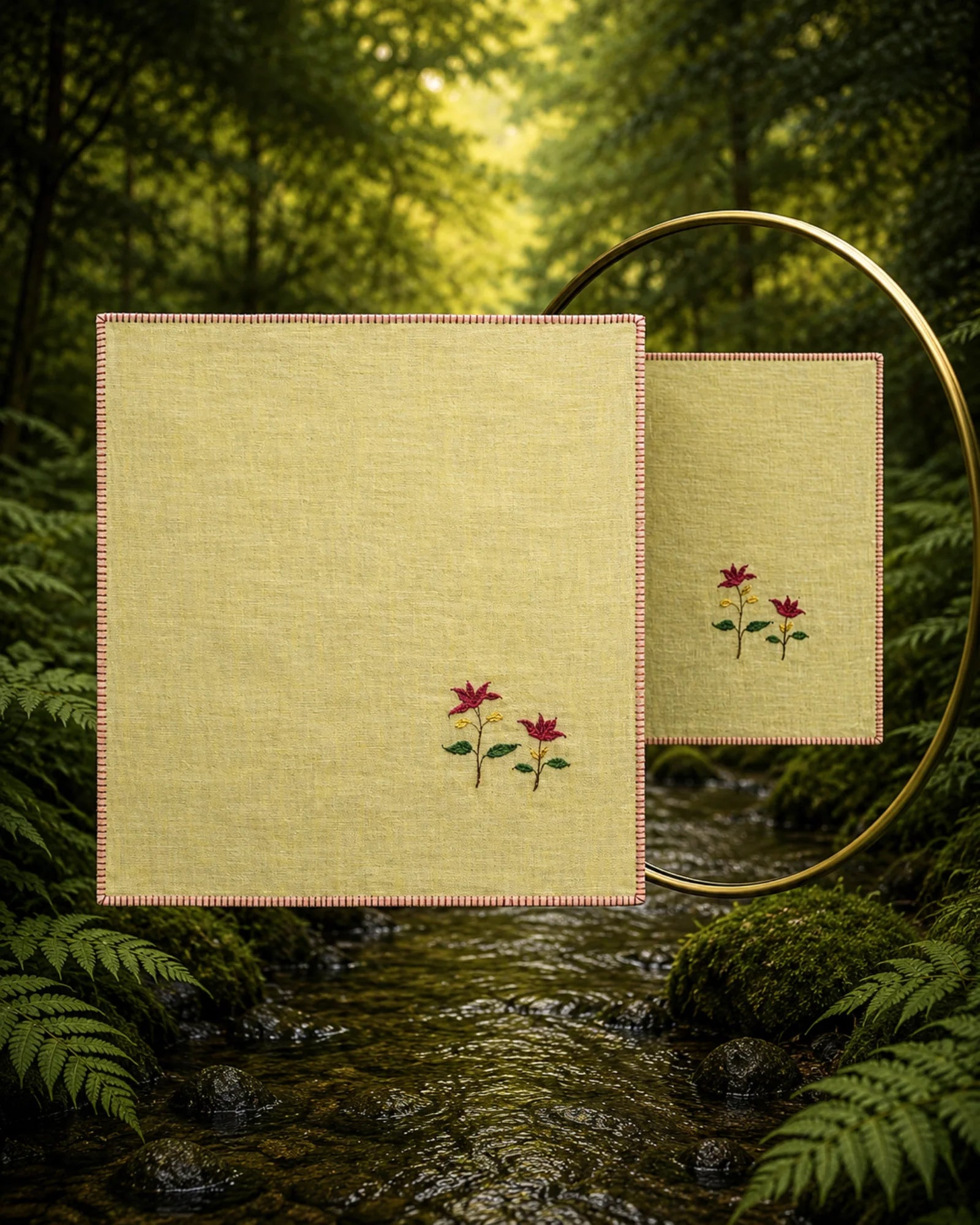 Crafted in 100% linen, this Pushp Vatika Chamba Rumal features a hand embroidered Crimson Red Lotus, hand hemmed and displayed with a mirror highlighting the same embroidery on the front and reverse.