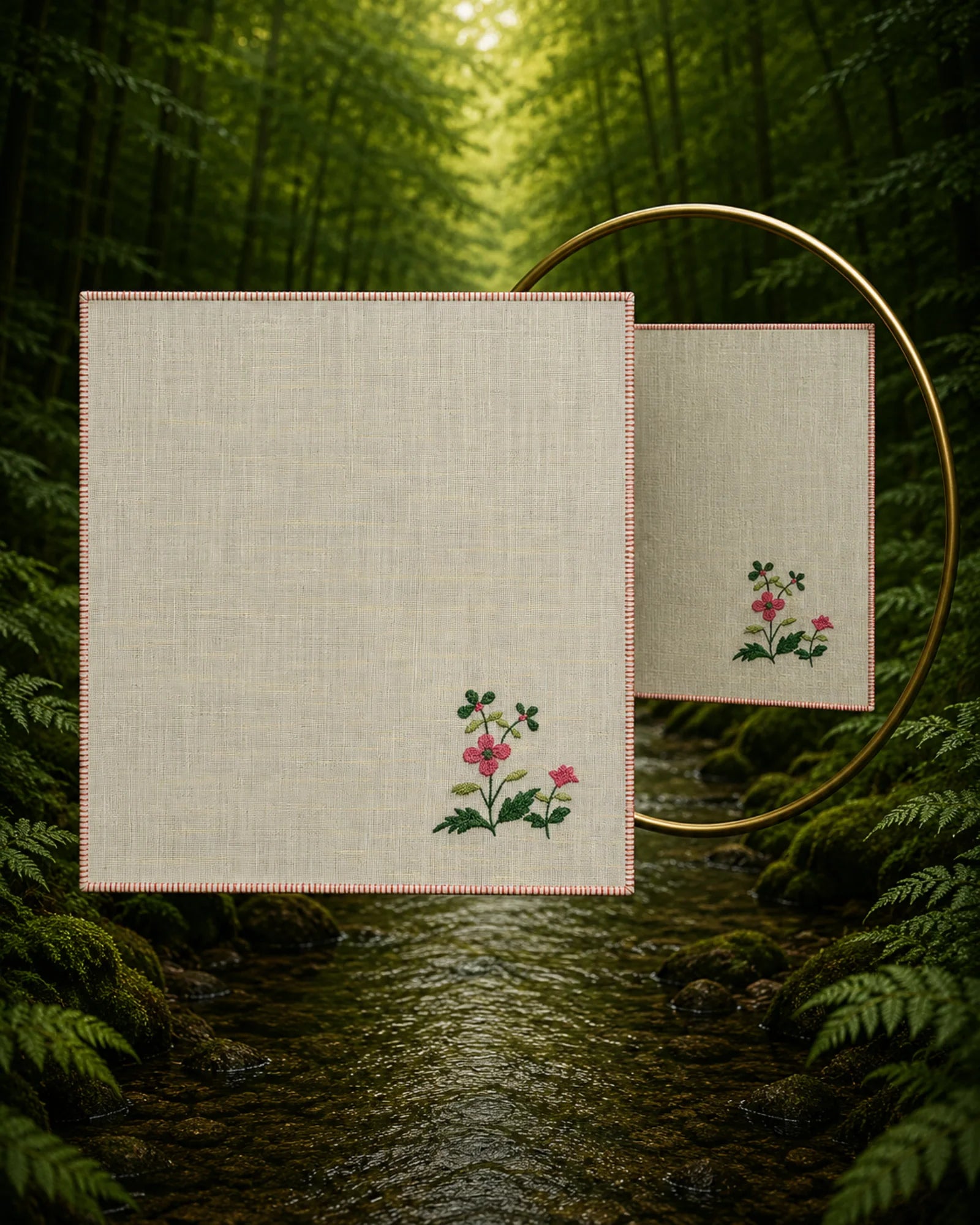 Chamba Rumal from the Pushp Vatika collection in 100% linen featuring a hand embroidered Four Leaf Pink Flower, finished with a red hand-hemmed edge and photographed with a mirror to demonstrate the traditional double-sided do-rukha embroidery technique.