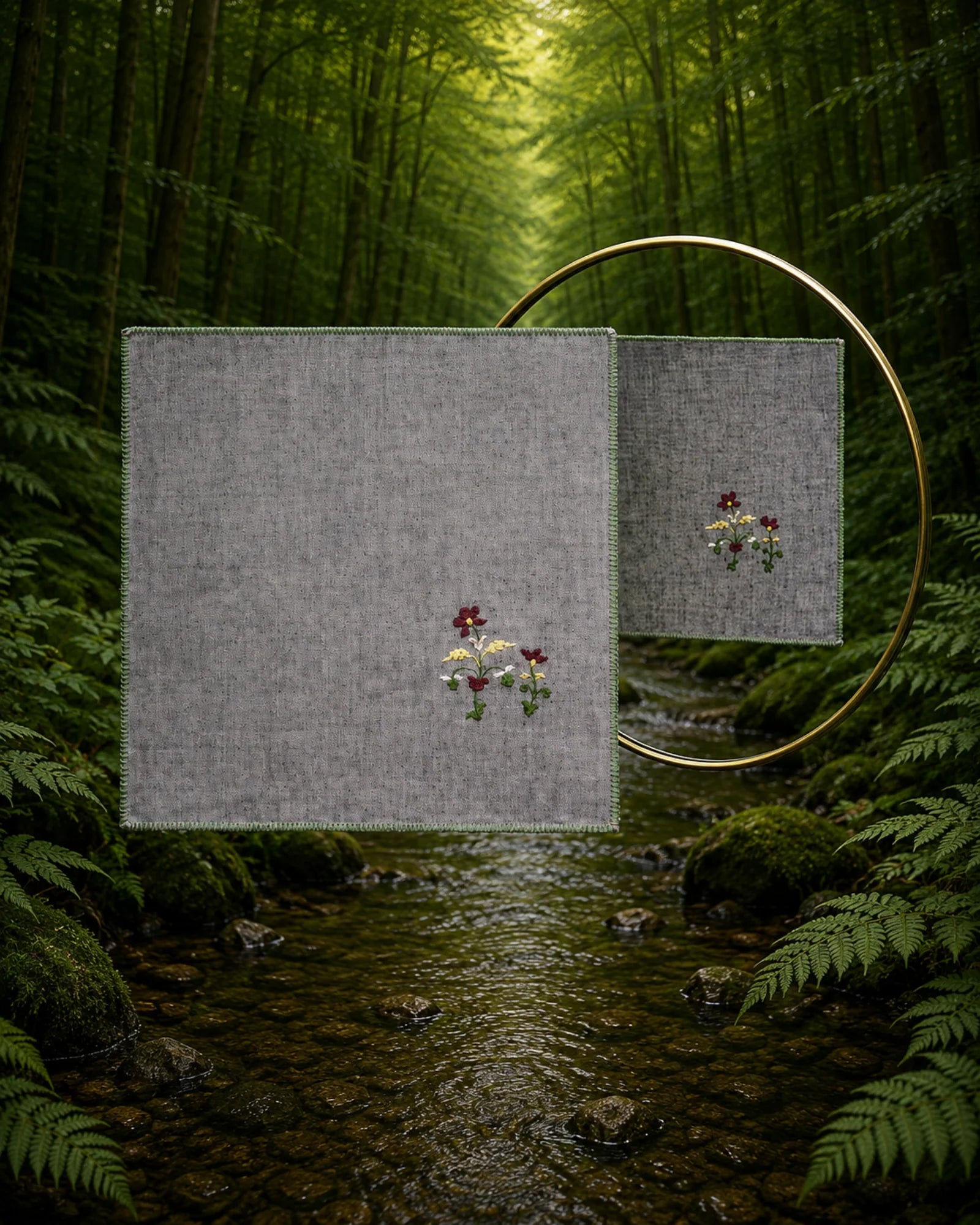 Chamba Rumal from the Pushp Vatika collection handcrafted in 100% Khadi cotton, featuring hand embroidered Maroon Midnight Buds with a green hand-hemmed edge and a mirror reflection showcasing traditional double-sided do-rukha embroidery.
