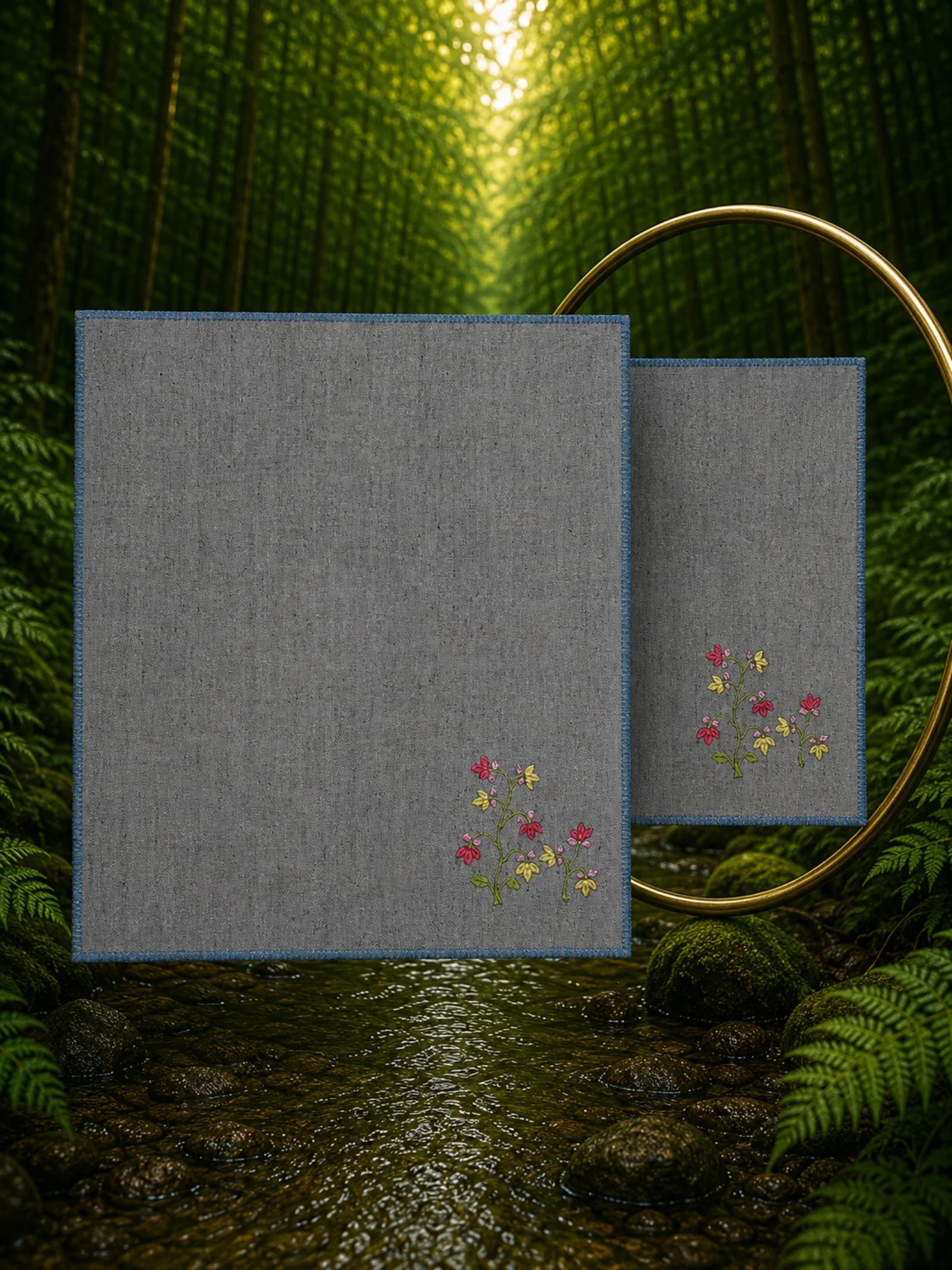 Midnight Bouquet floral embroidery embellishes this Chamba Rumal from the Pushp Vatika collection, crafted in 100% Khadi cotton, hand hemmed and photographed with a mirror highlighting the traditional double-sided do-rukha embroidery.