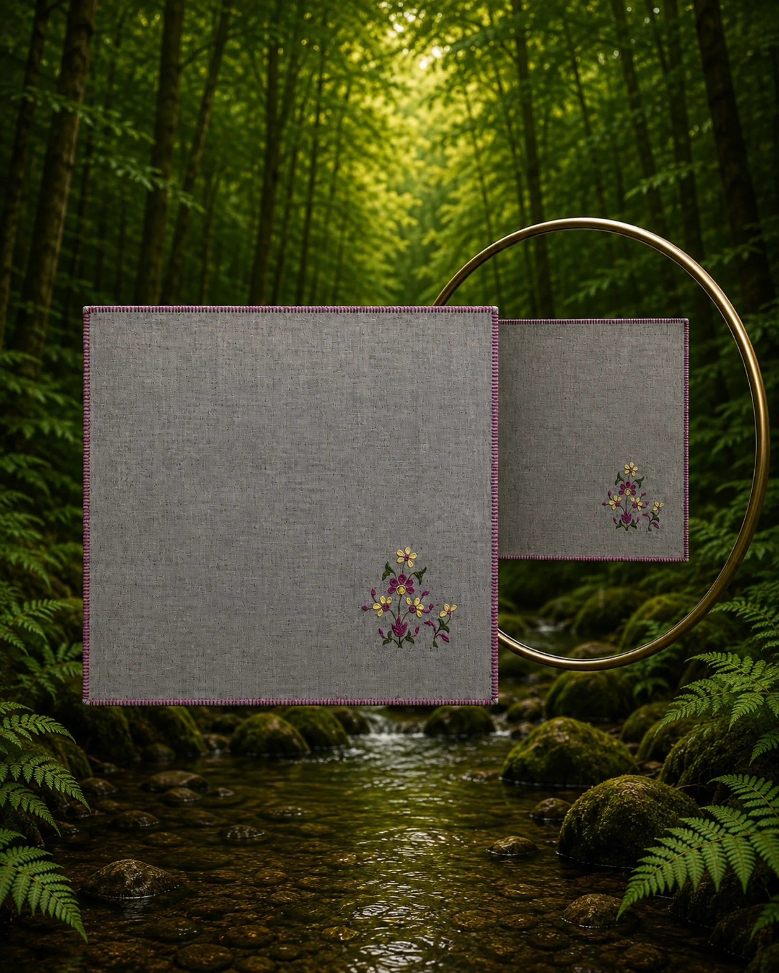 Crafted in 100% Khadi cotton, this Pushp Vatika Chamba Rumal is adorned with Midnight Yellow Flowers in hand embroidery, hand hemmed and presented beside a mirror that reveals matching embroidery on the reverse.