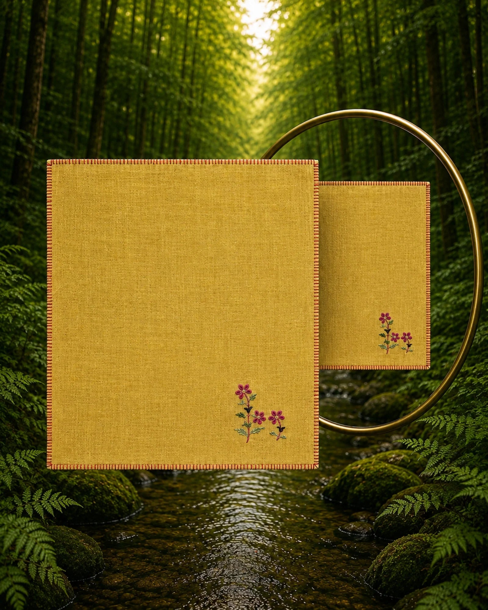 Hand embroidered Pink Bouquet adorns this 100% Khadi cotton Chamba Rumal from the Pushp Vatika collection, hand hemmed and presented with a mirror revealing the traditional double-sided do-rukha embroidery.