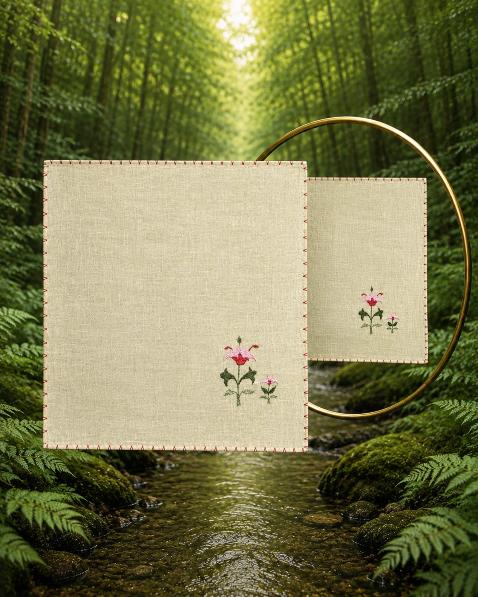 Handcrafted in 100% linen, this Chamba Rumal from the Pushp Vatika collection features delicate pink floral embroidery and is presented with a mirror revealing identical hand embroidery on both sides.