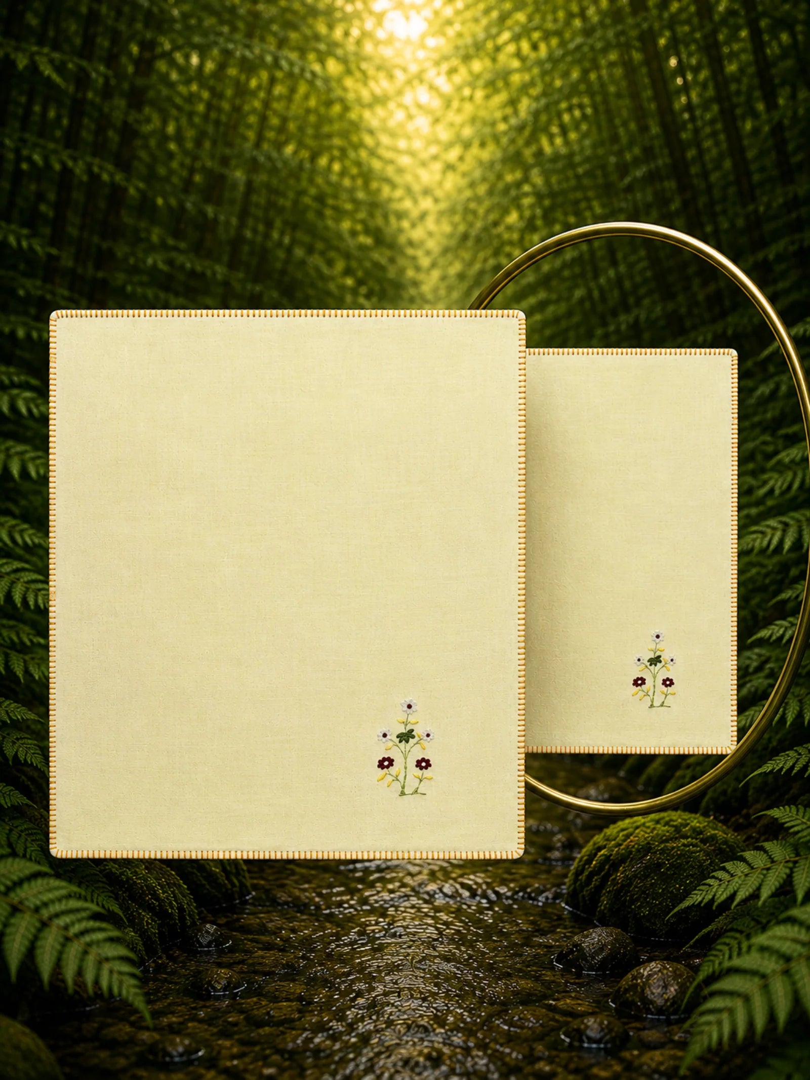 Hand embroidered Chamba Rumal in 100% linen from the Pushp Vatika collection featuring White Daisies, hand hemmed and displayed with a mirror to reveal the traditional double-sided do-rukha embroidery.