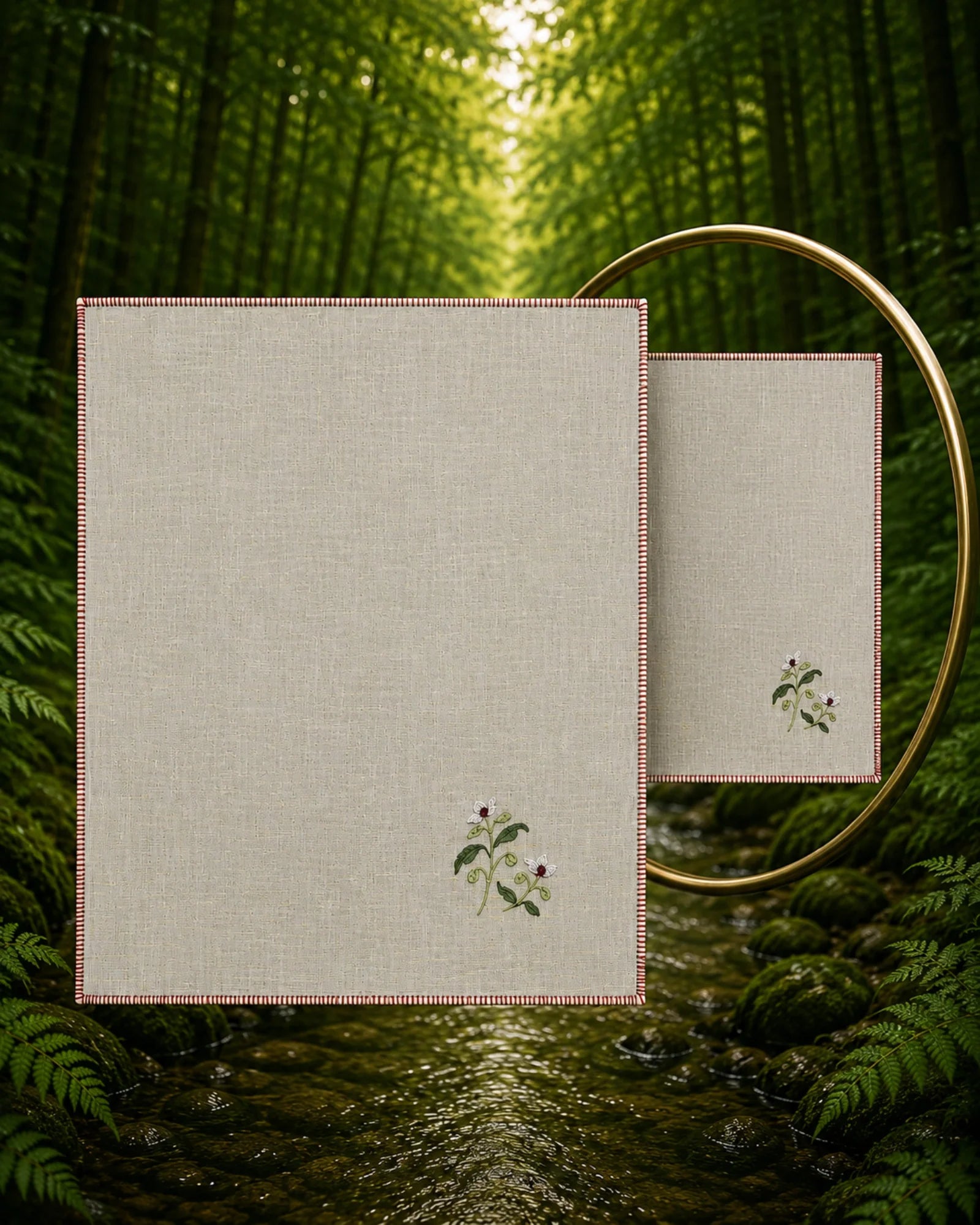 White flower hand embroidery embellishes this 100% linen Chamba Rumal from the Pushp Vatika collection, hand hemmed and displayed with a mirror revealing identical embroidery on both sides.