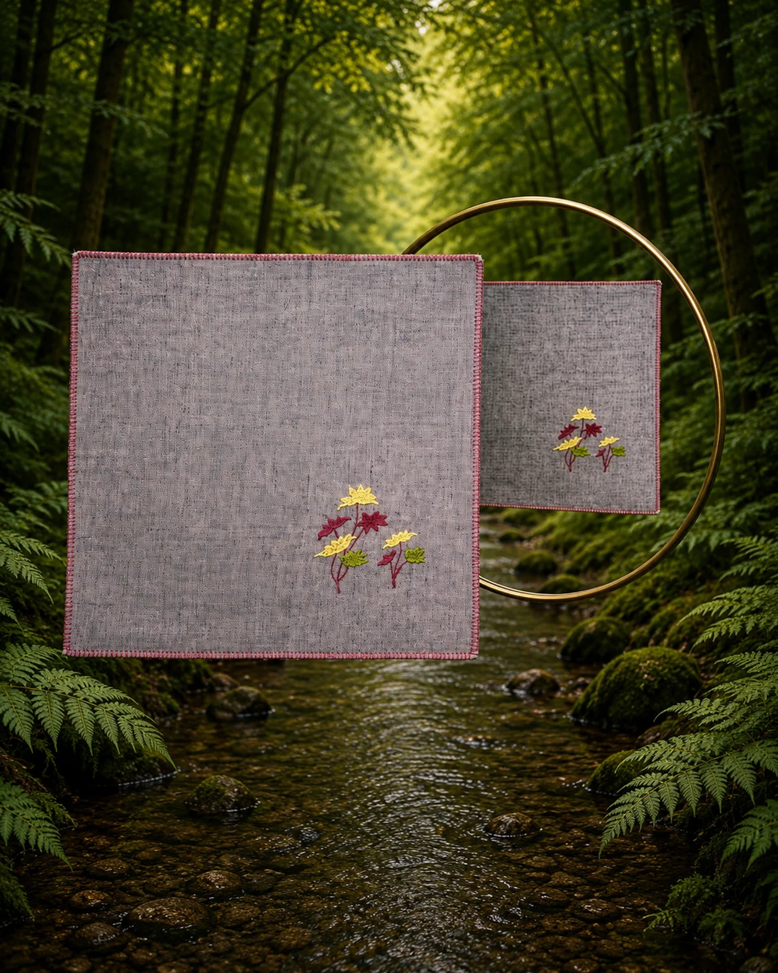 Yellow Midnight Blossom Chamba Rumal hand-embroidered khadi cotton handkerchief displayed in a forest stream setting with a brass mirror, featuring a delicate floral embroidery and traditional double-sided Chamba Rumal needlework.