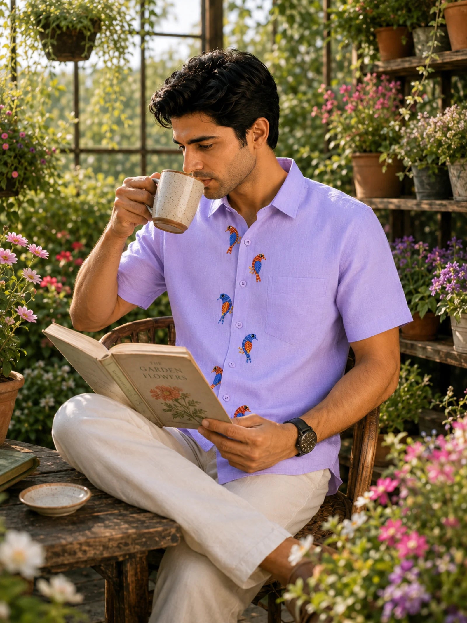 Gond hand-painted linen shirt featuring seven multicoloured bird motifs arranged vertically along the front placket, photographed in a styled greenhouse garden setting while reading a book and sipping coffee amidst flowering plants, natural foliage, and warm afternoon daylight.