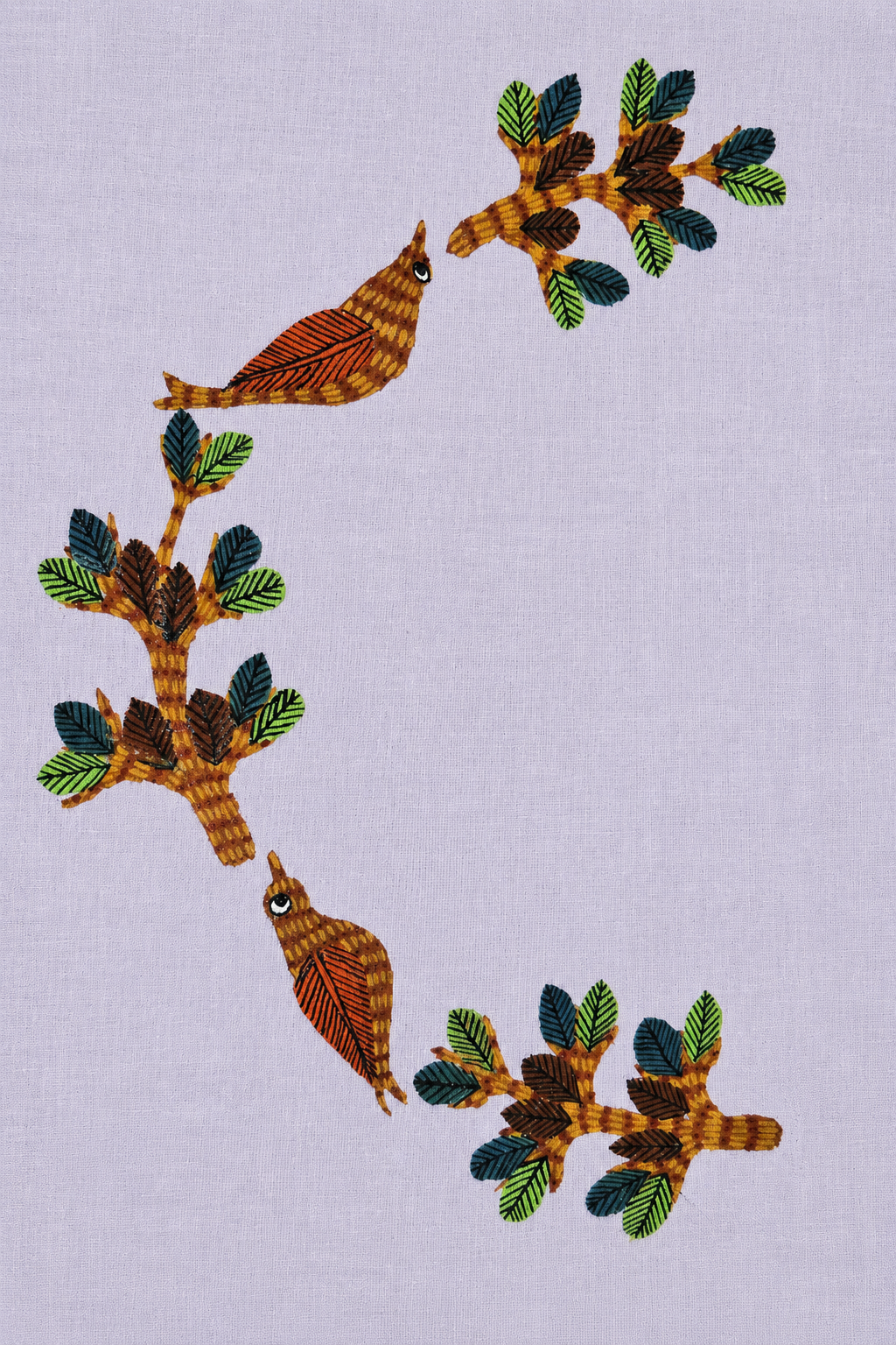 Gond hand-painted linen shirt close-up featuring two bird motifs connected through branching botanical forms arranged in a flowing half-circle composition along the right front panel, photographed with visible linen weave texture, layered dash detailing, and hand-painted surface variation.