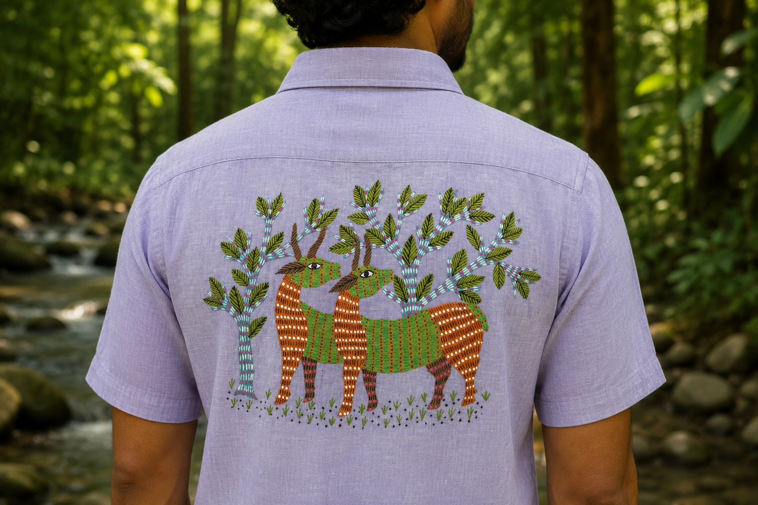 Close-up back view of a Gond hand-painted linen shirt featuring two deer forms connected through a continuous body structure, with branching tree forms emerging upward across the back panel, photographed in a forest stream setting with the rear artwork placement fully visible.