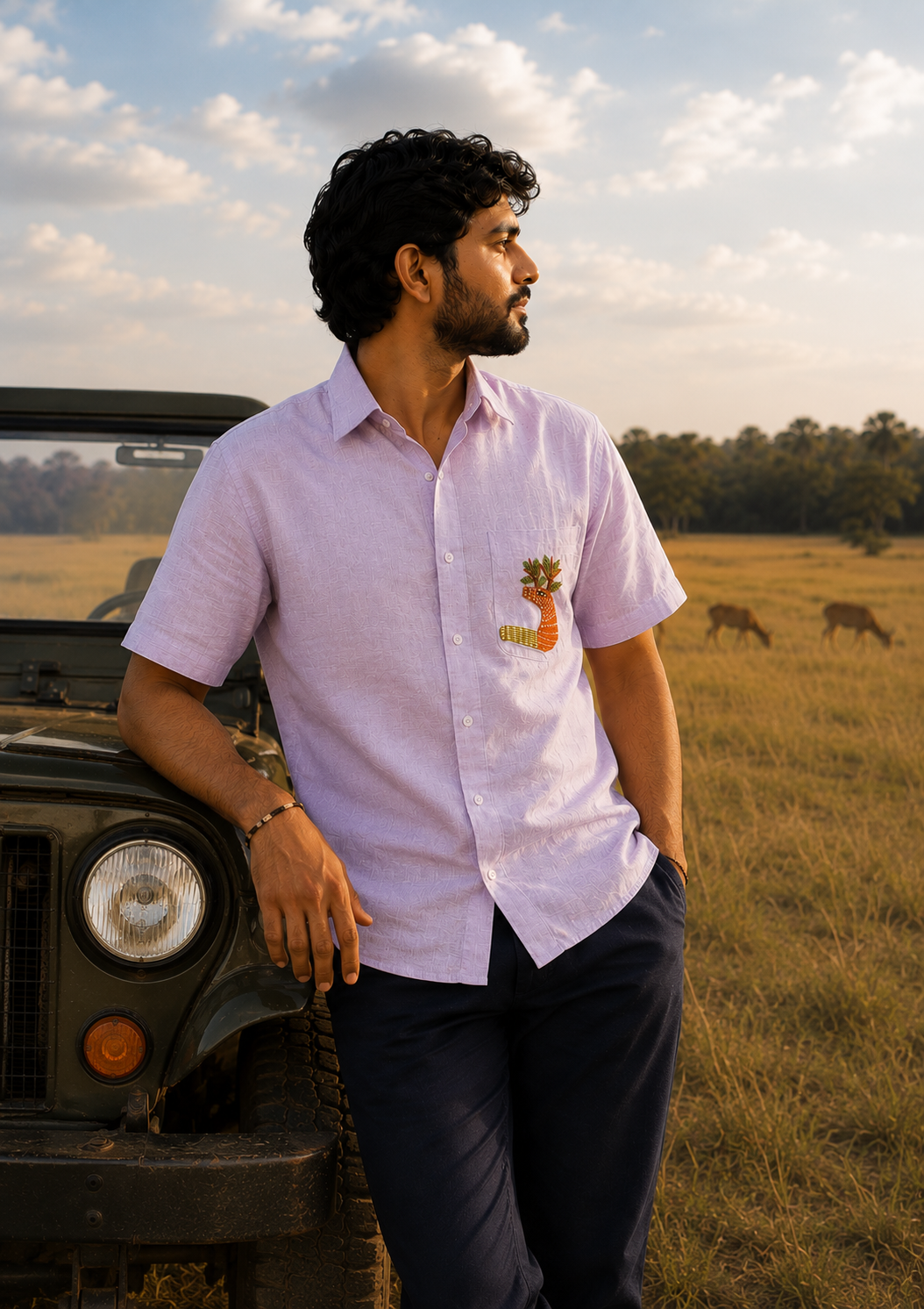 Gond hand-painted linen shirt featuring a deer motif whose antlers transform into branching trees, positioned on the front pocket and photographed beside a vintage jeep in a grassland landscape at golden hour.