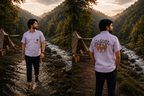 Gond hand-painted linen shirt featuring two deer forms with branching tree elements across the back panel and a single deer form with branching tree elements on the chest pocket, observed within a jungle valley beside a flowing forest stream and campsite in warm evening light.