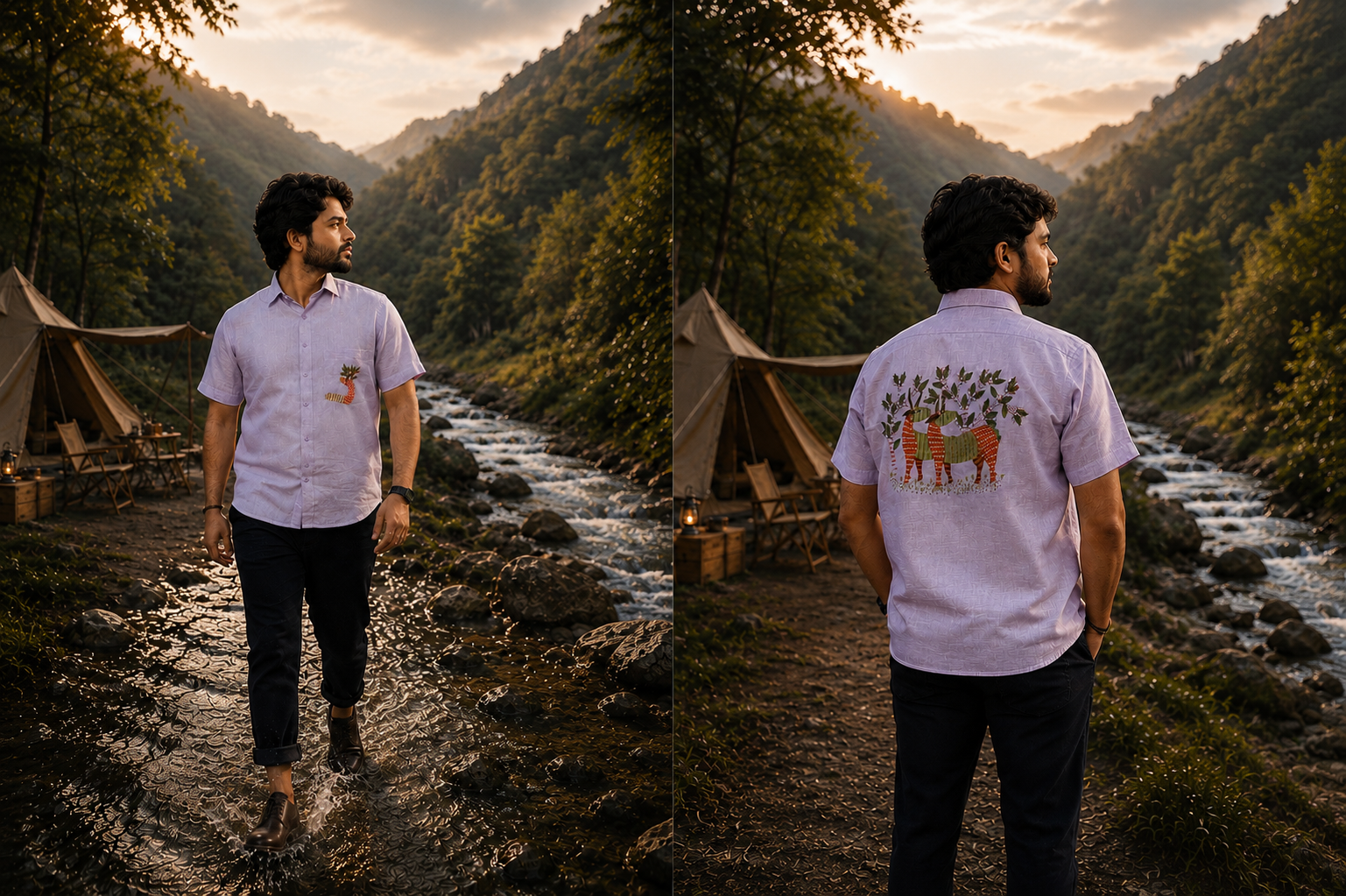 Gond hand-painted linen shirt featuring two deer forms with branching tree elements across the back panel and a single deer form with branching tree elements on the chest pocket, observed within a jungle valley beside a flowing forest stream and campsite in warm evening light.